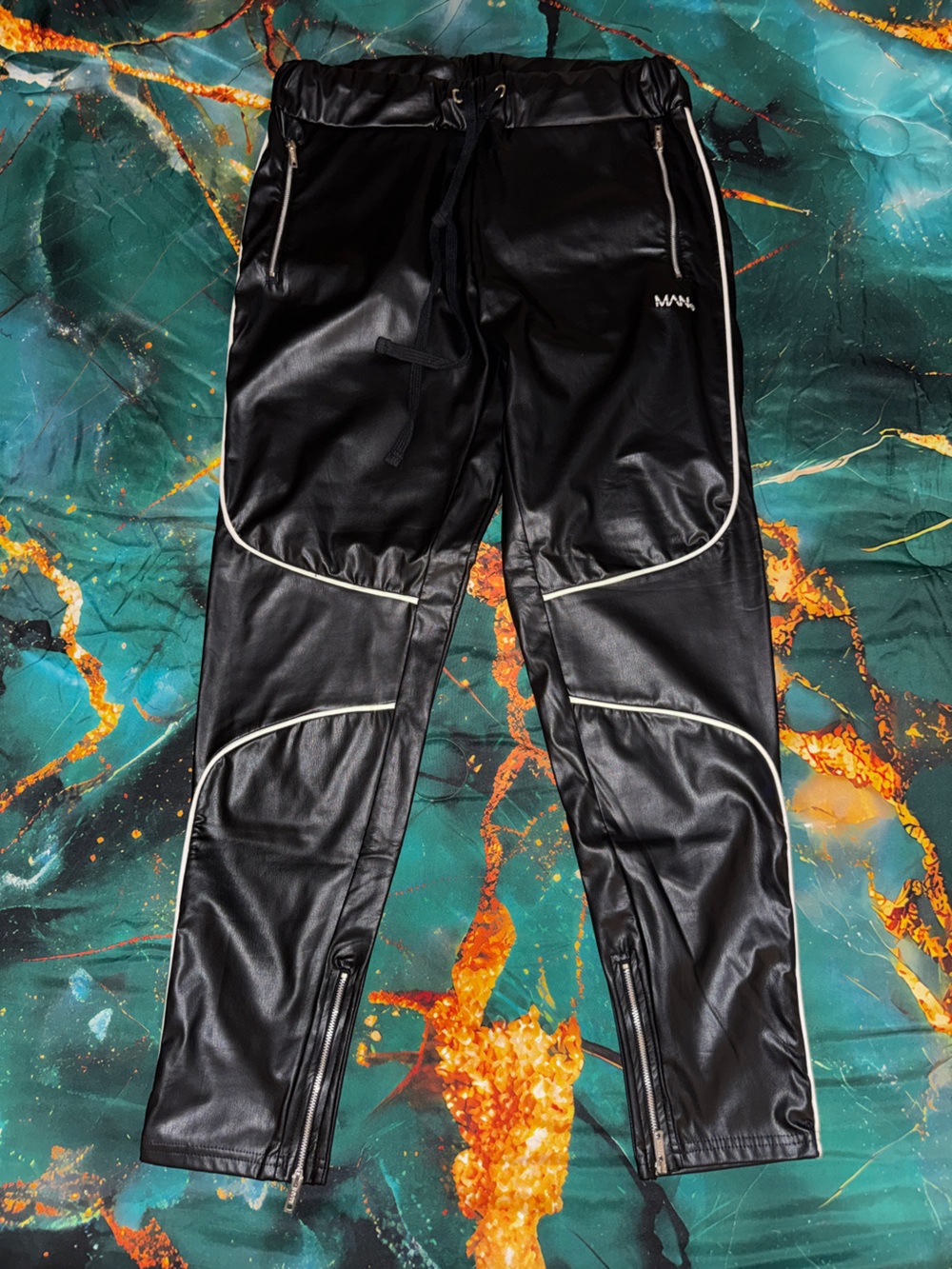 Men's BooHooMan Faux Leather Joggers w/ White Piping - Size Large